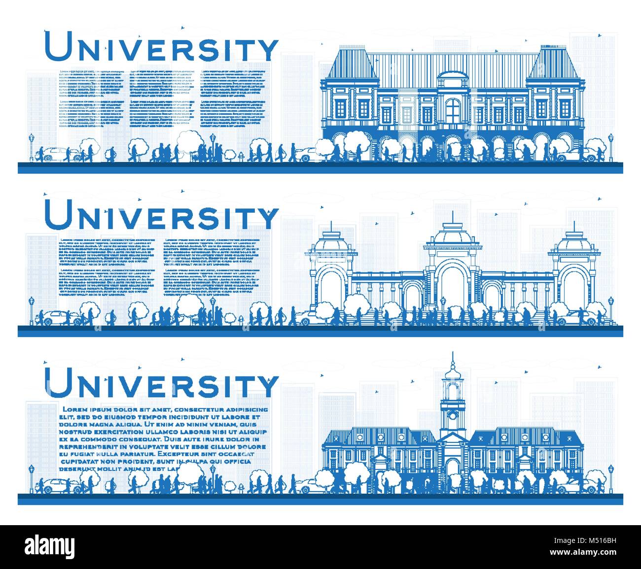 Set di contorno di studio universitari banner. Illustrazione Vettoriale. Agli studenti di accedere all'edificio principale dell'Università. Banner con copia spazio. Illustrazione Vettoriale