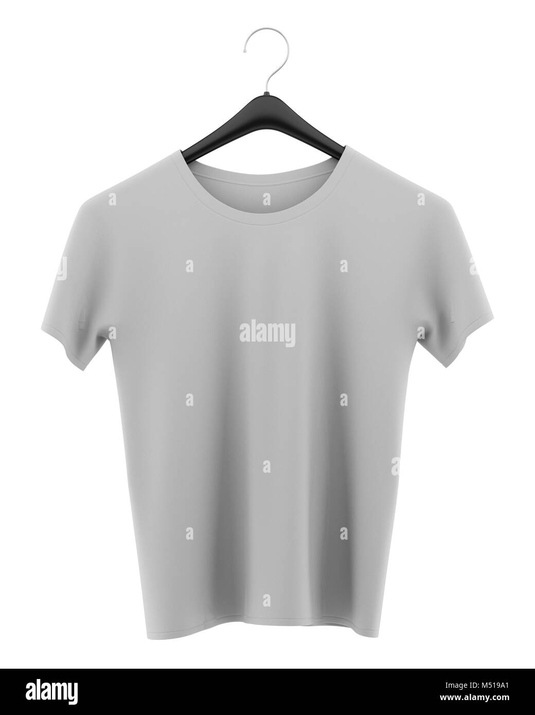 Grigio t-shirt su capi di abbigliamento appendiabiti isolati su sfondo bianco Foto Stock