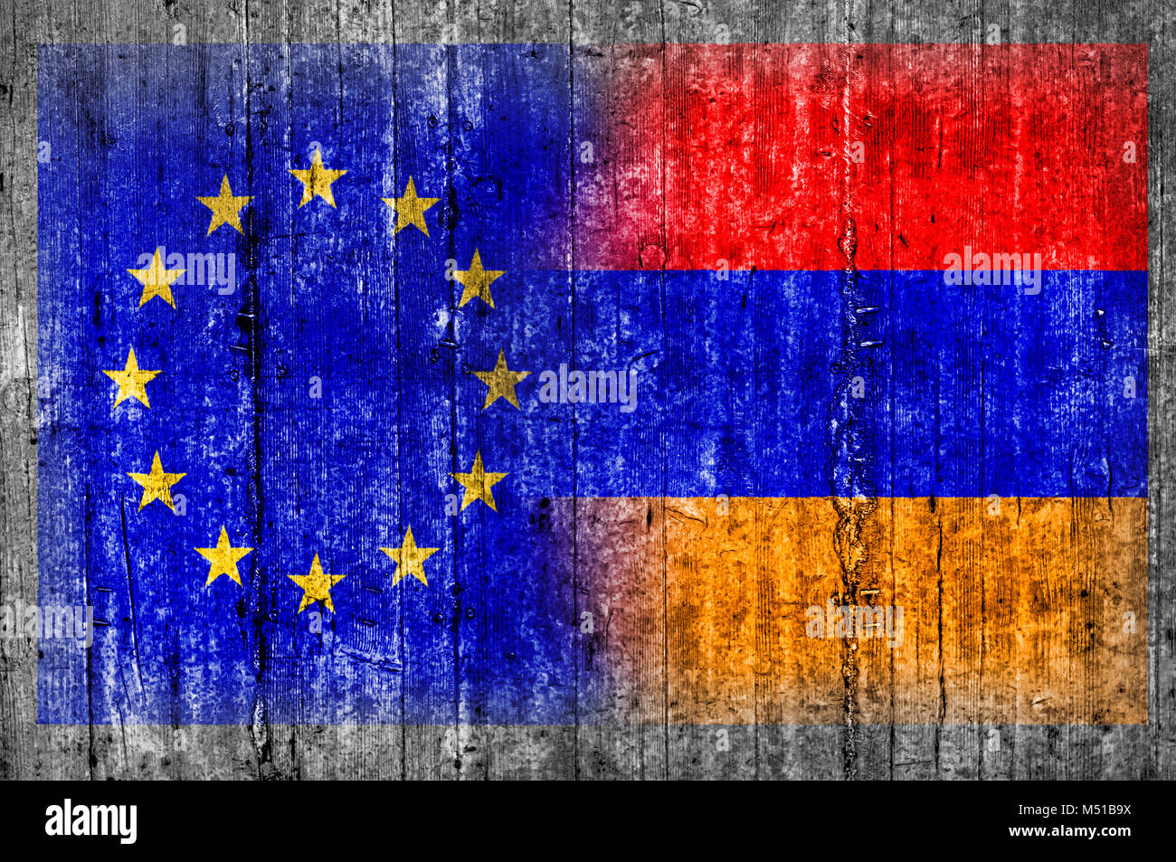 Unione europea e Armenia bandiera sul muro di cemento Foto Stock