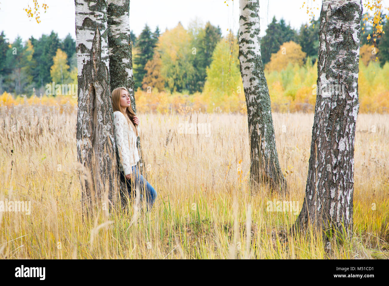 Donna tra le betulle in autunno campo Foto Stock