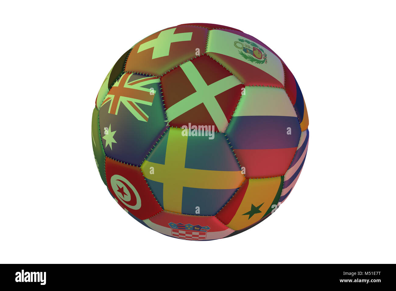 Isolate il calcio realistico con le bandiere dei paesi partecipanti alla Coppa del Mondo 2018, nel centro di Svezia, Danimarca, Australia e Russia, 3d ri Foto Stock