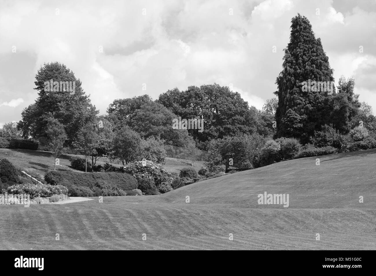 Calverley motivi - pittoresco parco pubblico a Royal Tunbridge Wells, Kent, Regno Unito - elaborazione monocromatica Foto Stock