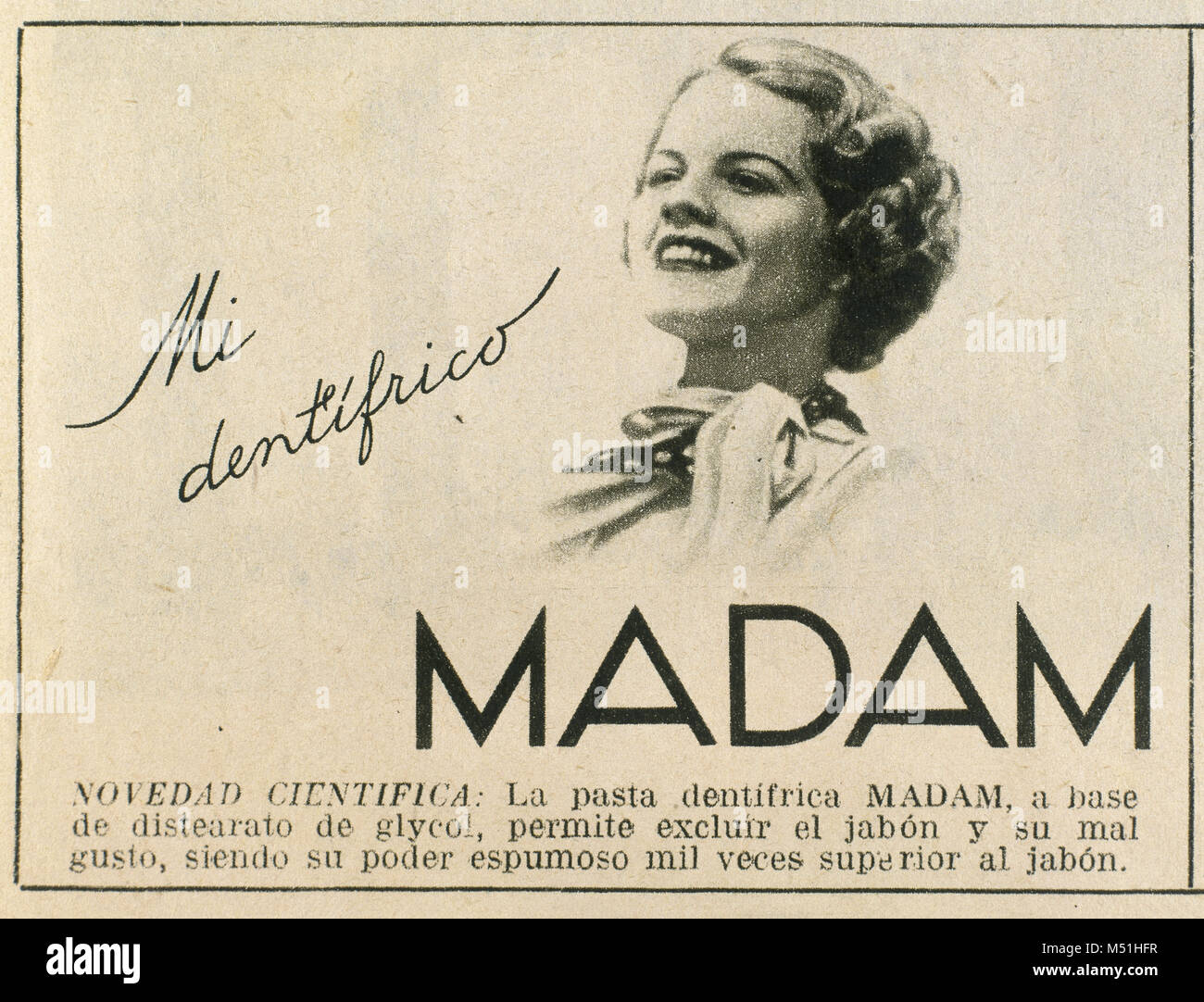 Vecchia pubblicità commerciale del 'Madam' marca di dentifricio, pubblicato nel giornale La Vanguardia, 31 marzo, 1936. Barcellona, in Catalogna, Spagna. Foto Stock