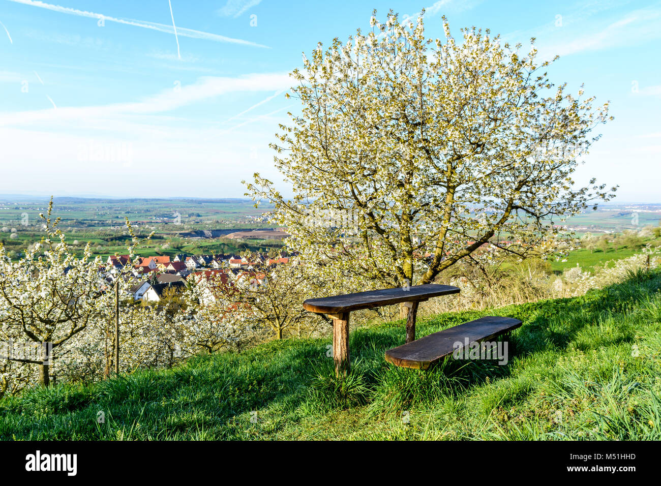 Luogo di riposo nel frutteto con una vista meravigliosa Foto Stock