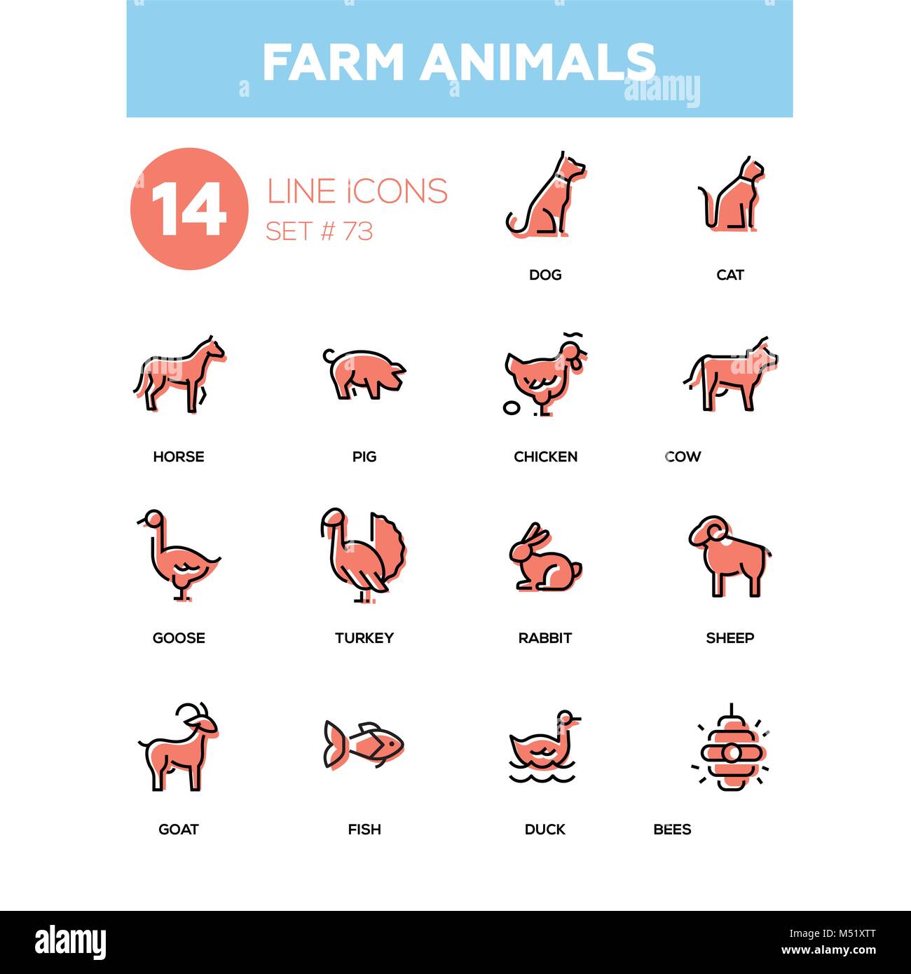Animali da fattoria - linea design set di icone Illustrazione Vettoriale