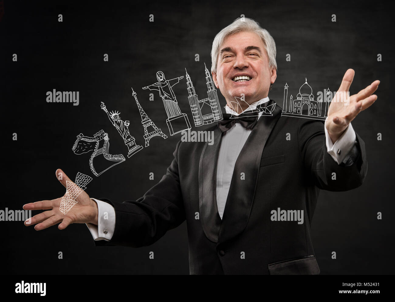 Closeup ritratto dell'uomo giocando con i simboli virtuale della famosa destinazione turistica. Servizio Turistico concetto Foto Stock