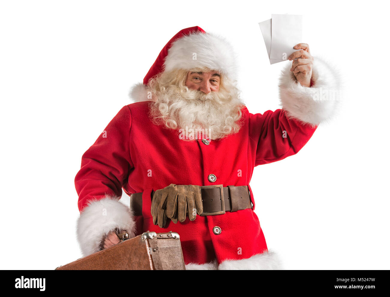 Babbo Natale con la vecchia valigia di cuoio isolati su sfondo bianco.  Concetto di viaggio o di consegna postale servizio Foto stock - Alamy
