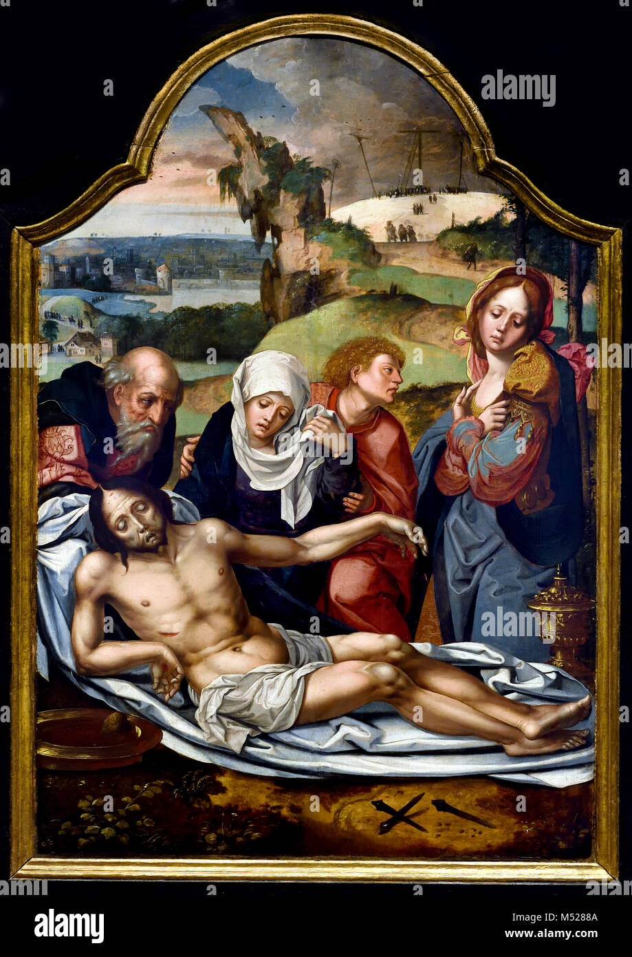 Pietà ai piedi della Croce (frammento), Ambrosius Benson c.1530 16esimo secolo, Italiano, Italia, belga, Belgio, fiammingo,( San Giovanni, ricevendo il corpo morto di Cristo, la Vergine Maria nel centro e Maria Maddalena baciare le ferite del Salvatore. ) Foto Stock