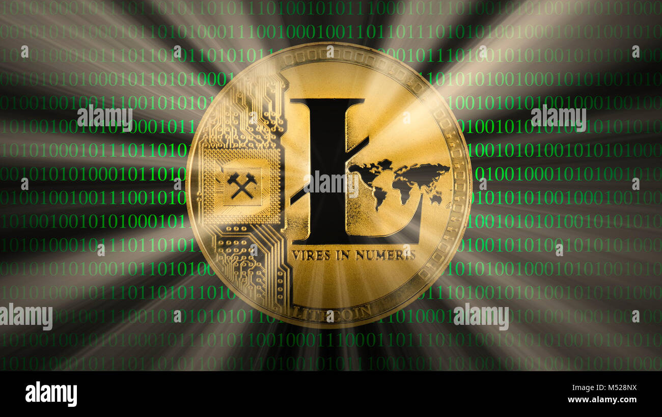 Immagine simbolo Cryptocurrency,valuta digitale,golden coin Litecoin con codice binario,l'immagine di sfondo Foto Stock