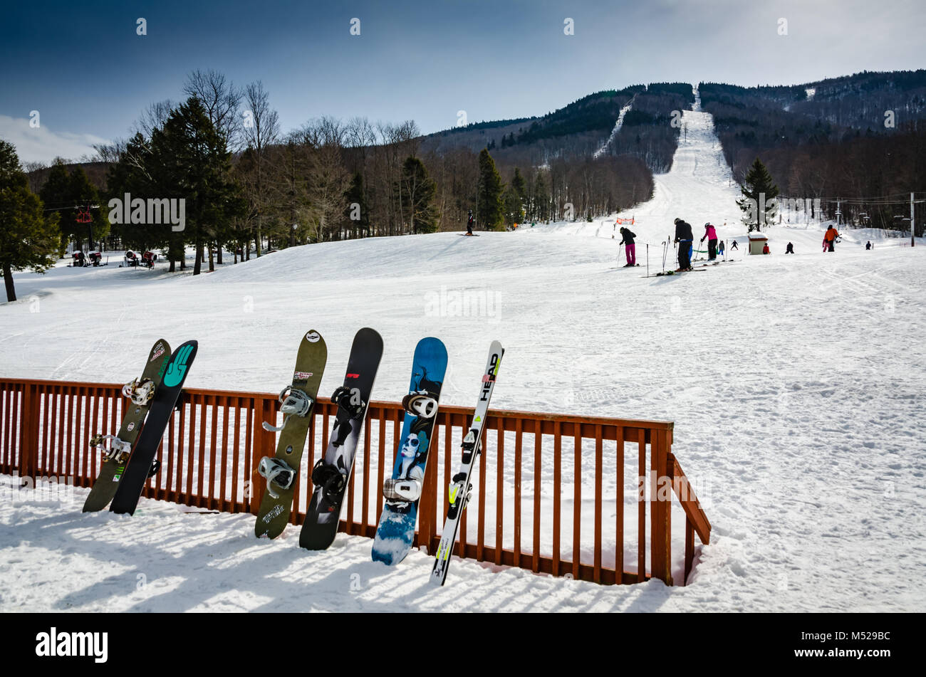 Snowboard schierate al Magic Mountain ski resort situato sulla montagna di Glebe in Londonderry, Vermont. Esso offre un 1.700 piedi caduta verticale. La somma Foto Stock