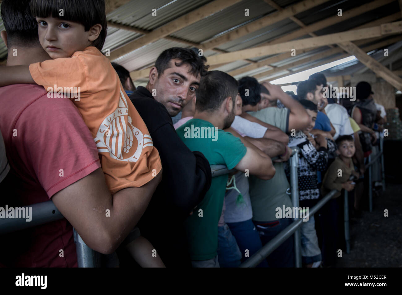La gente in coda per gli aiuti alimentari forniti dall'UNHCR in corrispondenza di un punto di distribuzione a EKO Refugee Camp in Grecia settentrionale. Decine di migliaia di rifugiati stanno per essere bloccato in Grecia come molte nazioni dell'UE ha chiuso le frontiere per impedire ai rifugiati di inondazioni nei loro territori. Foto Stock