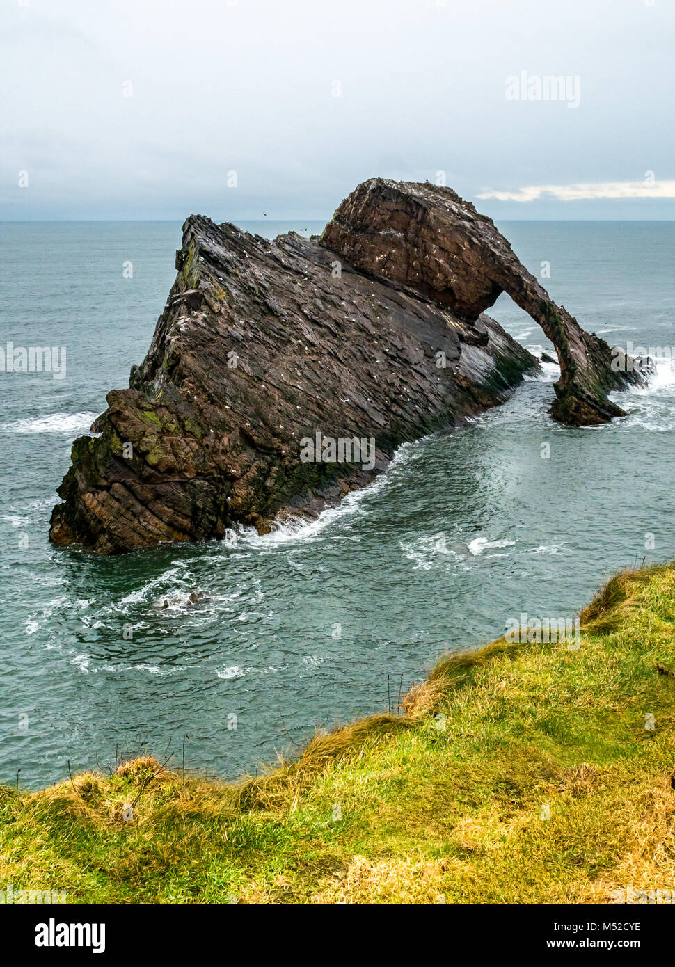 Bow Fiddle Rock, Portknockie,, murene, Scotland, Regno Unito. Drammatica usura naturale arco di mare Foto Stock