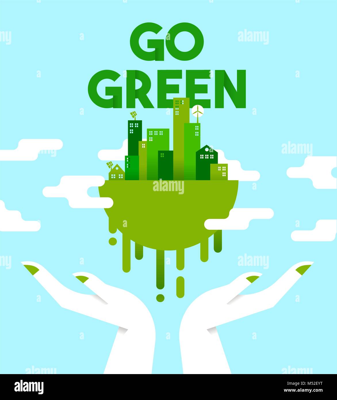 Go green concept illustrazione, mani umane tenendo il pianeta terra con case e torri nella piana di stile arte per la cura dell'ambiente. EPS10 vettore. Illustrazione Vettoriale