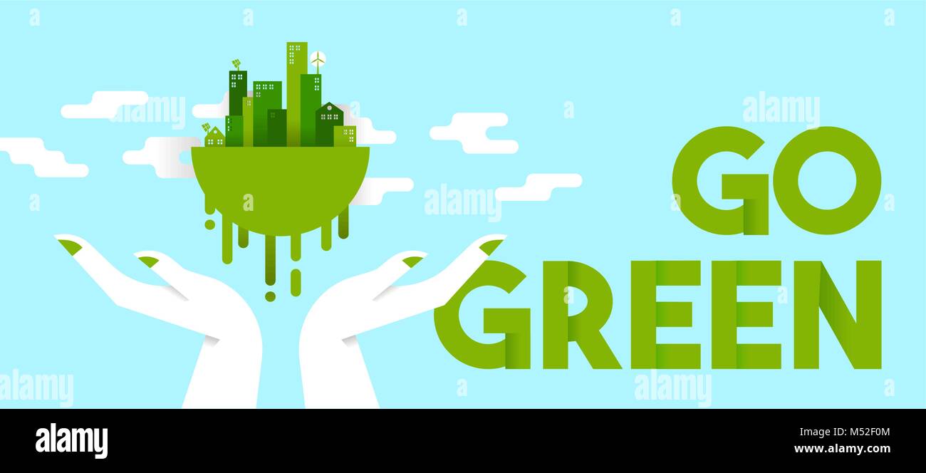 Go green concept illustrazione, mani umane tenendo il pianeta terra con case e torri nella piana di stile arte per la cura dell'ambiente. Formato orizzontale ide Illustrazione Vettoriale