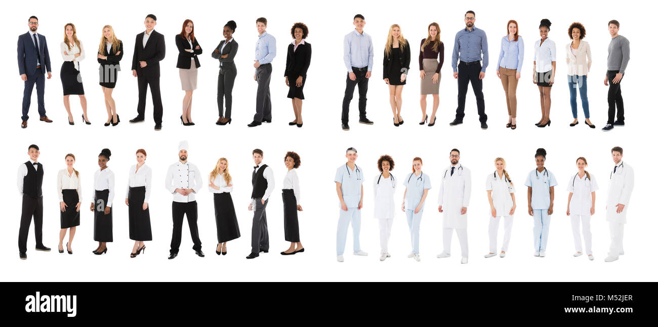 Gruppo di persone provenienti da diverse professioni su sfondo bianco Foto Stock