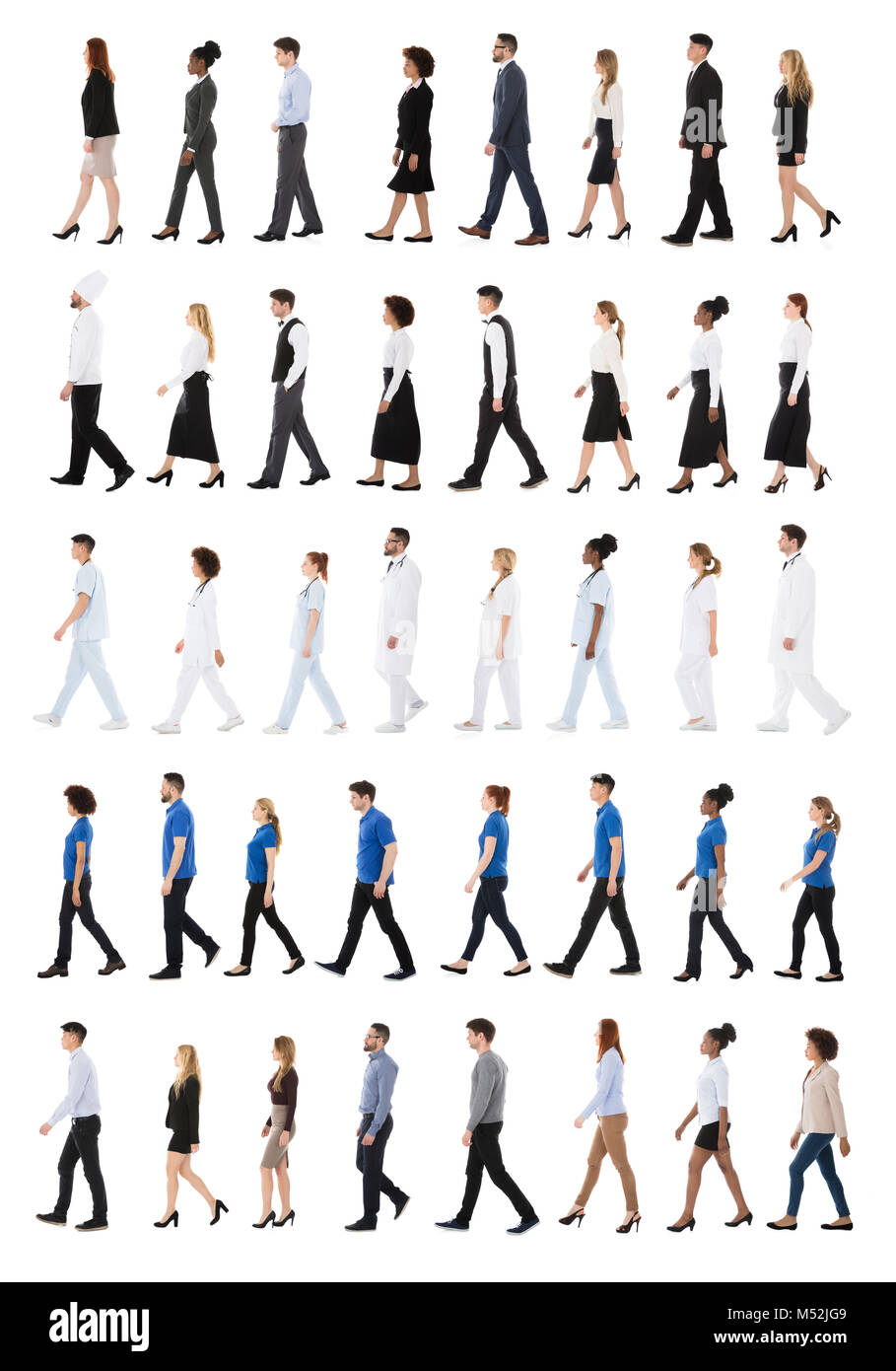 Insieme di persone con occupazioni diverse passeggiate in linea su sfondo bianco Foto Stock