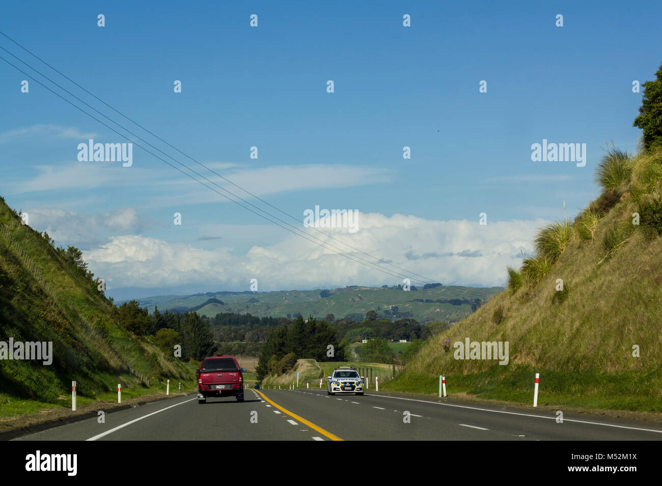 Auto della Polizia passando su rurale strada asfaltata con vibrante paesaggio verde Foto Stock