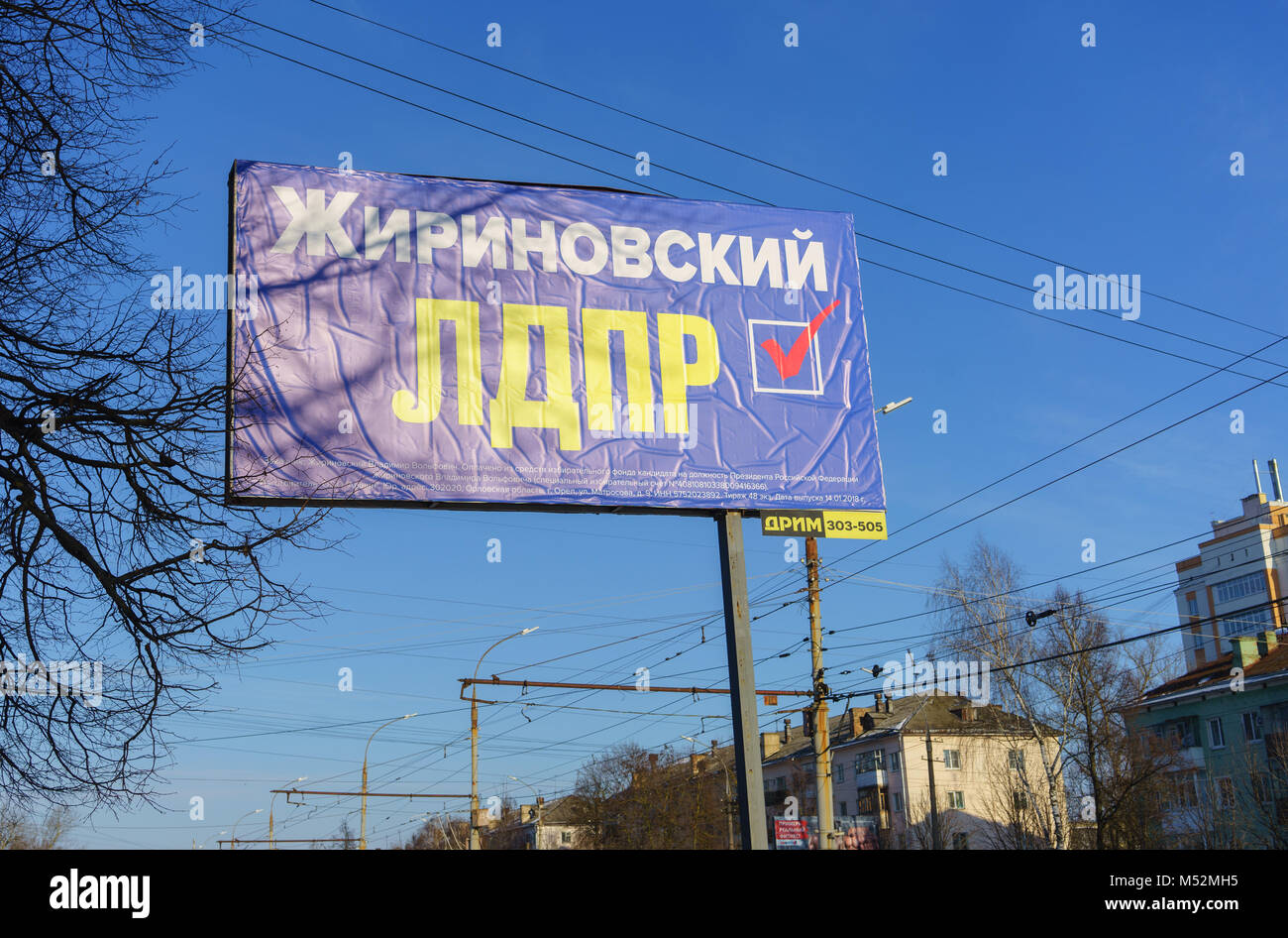 Febbraio 7, 2018. Eagle, la Russia un banner a sostegno di un candidato per le elezioni presidenziali in Russia dal partito LDPR Vladimir Zhirinovsky o Foto Stock