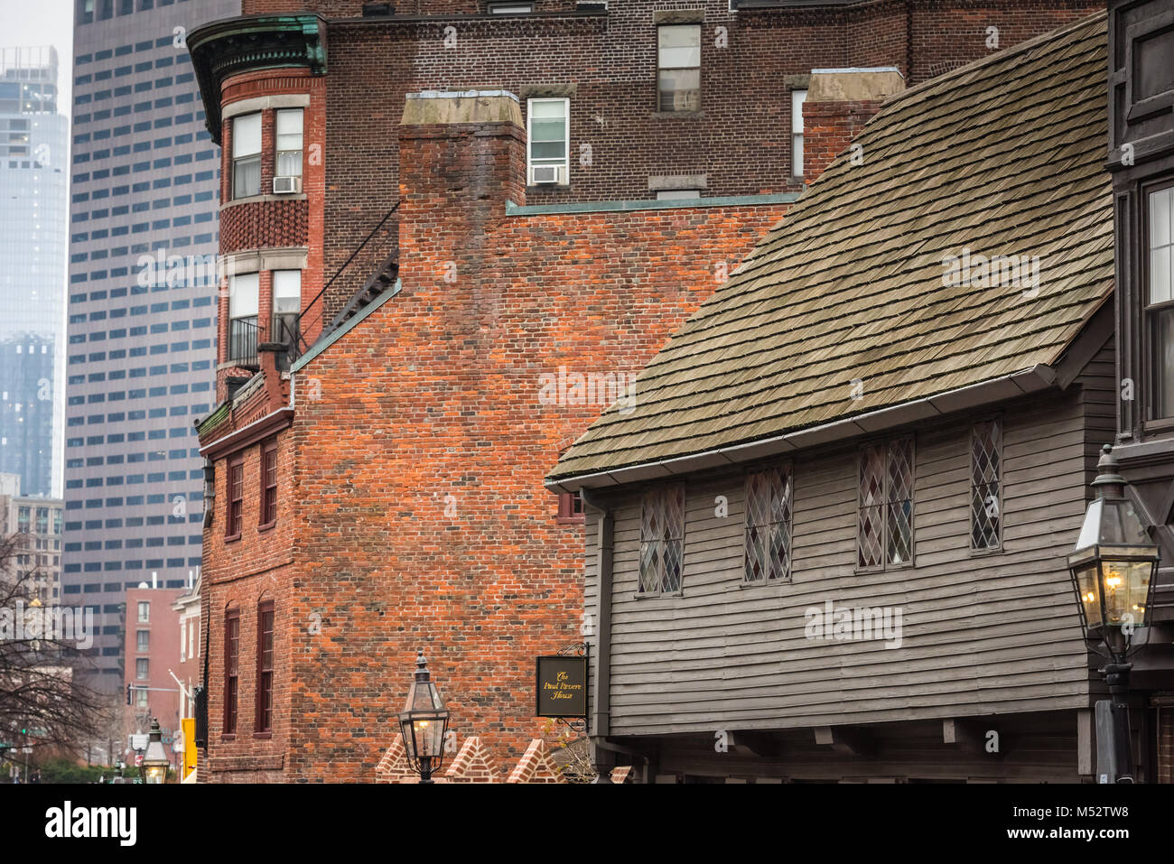 La Paul Revere House di Boston, Massachusetts è stata la casa coloniale di american patriot Paul Revere durante il tempo della Rivoluzione Americana. Foto Stock