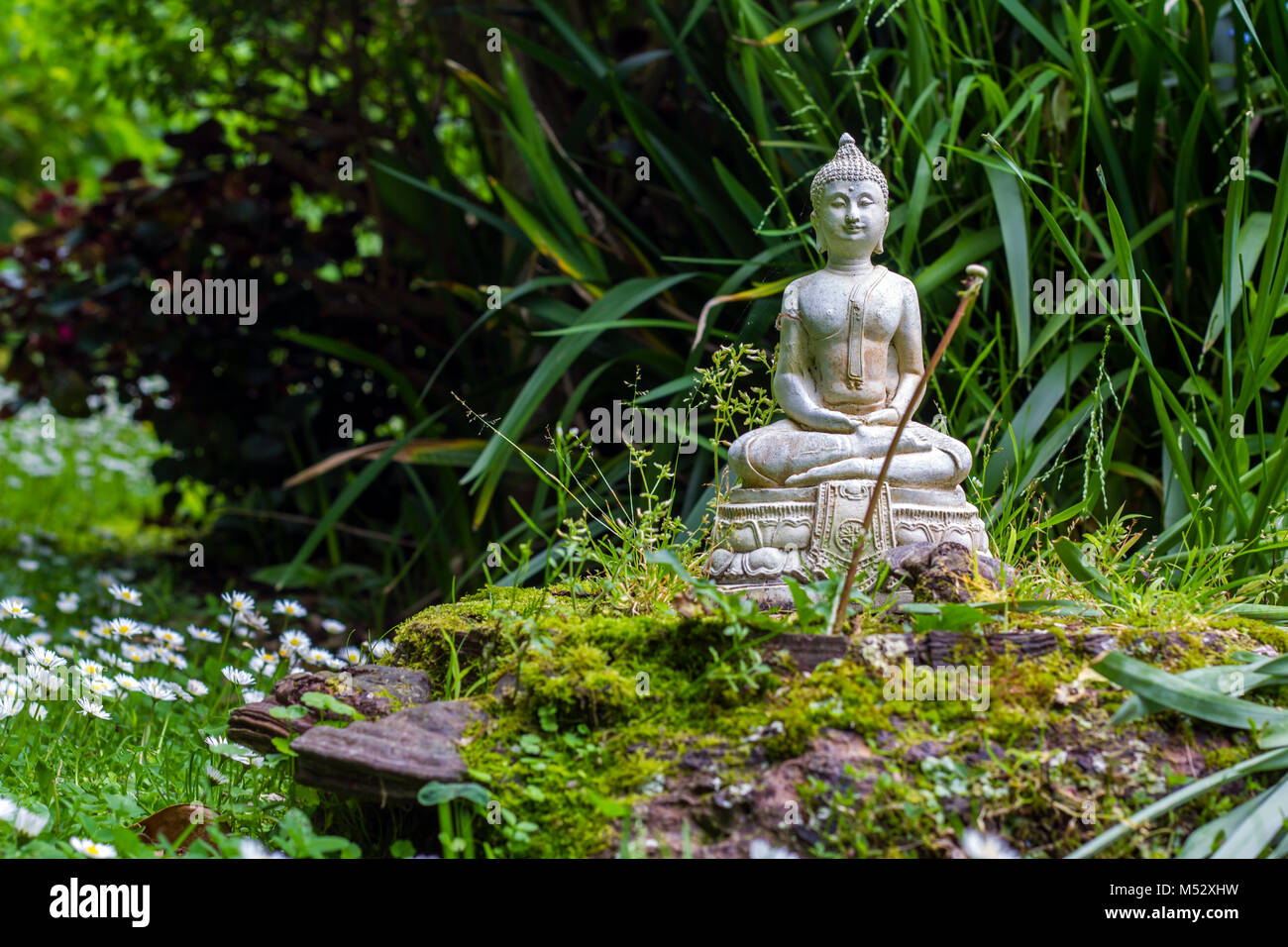 Buddha di pietra in un giardino zen Foto Stock