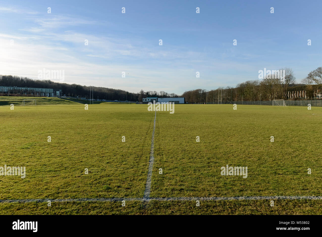 Scuola di sport motivi e piazzole segnato per sport come il calcio e rugby con ordinatamente il taglio di erba Foto Stock