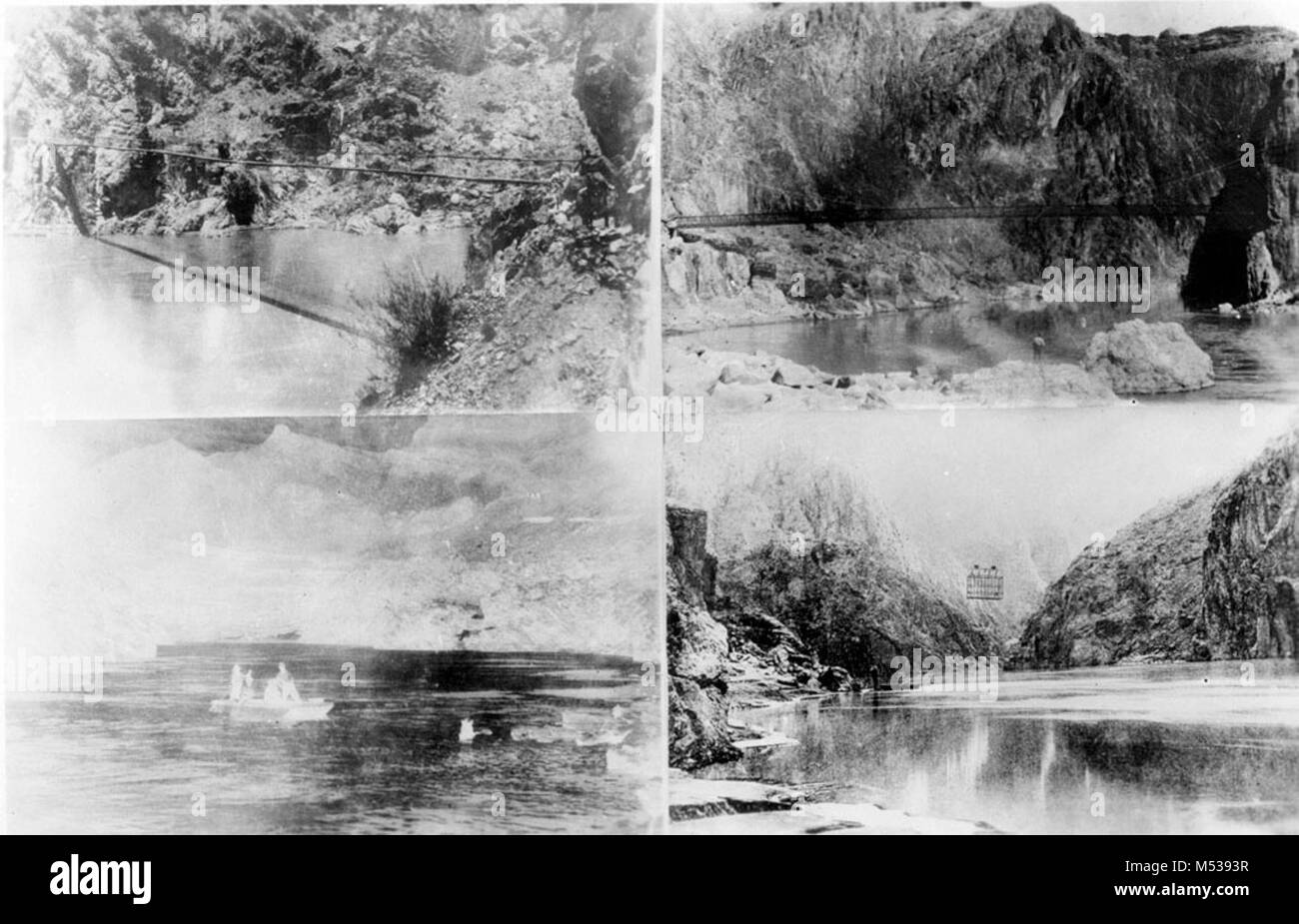 Fotografia composito che mostra quattro metodi utilizzati per attraversare il fiume Colorado. Per singole foto, vedere i numeri negativi di 1462, 1463, 1464. Fotografia che mostra la funivia che attraversa il fiume è una KOLB-foto protette da copyright. Fotografo sconosciuto, Kolb. Grand Canyon Parco Nat storica sul fiume foto. Foto Stock