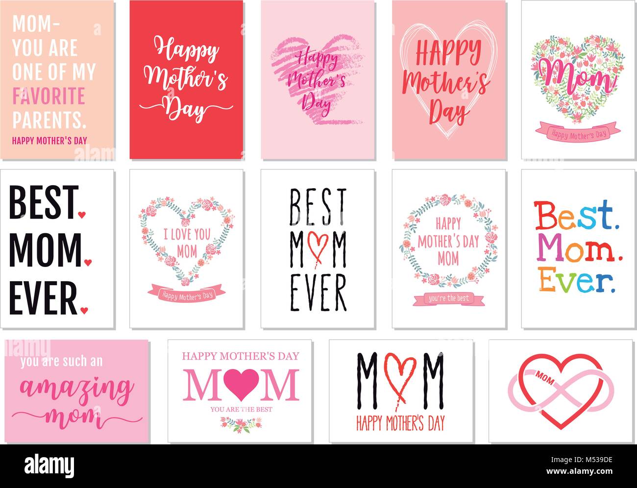 Festa della mamma carte con disegnati a mano elementi di design grafico, set di vettore Illustrazione Vettoriale