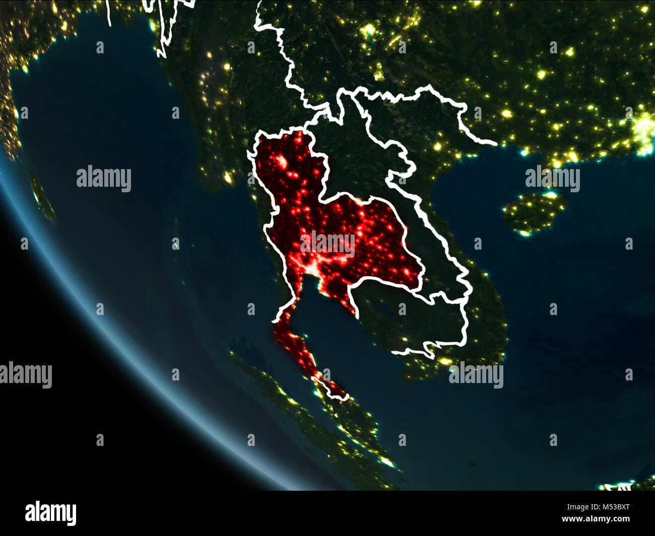 Vista satellitare della Thailandia evidenziata in rosso sul pianeta terra di notte con i confini e le luci della città. 3D'illustrazione. Gli elementi di questa immagine furni Foto Stock