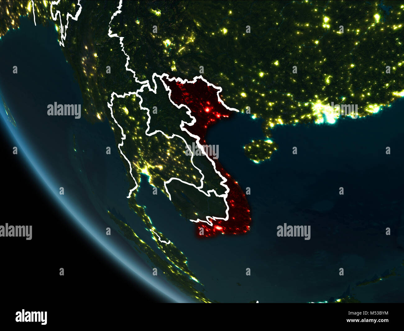 Vista satellitare del Vietnam evidenziata in rosso sul pianeta terra di notte con i confini e le luci della città. 3D'illustrazione. Gli elementi di questa immagine furnis Foto Stock