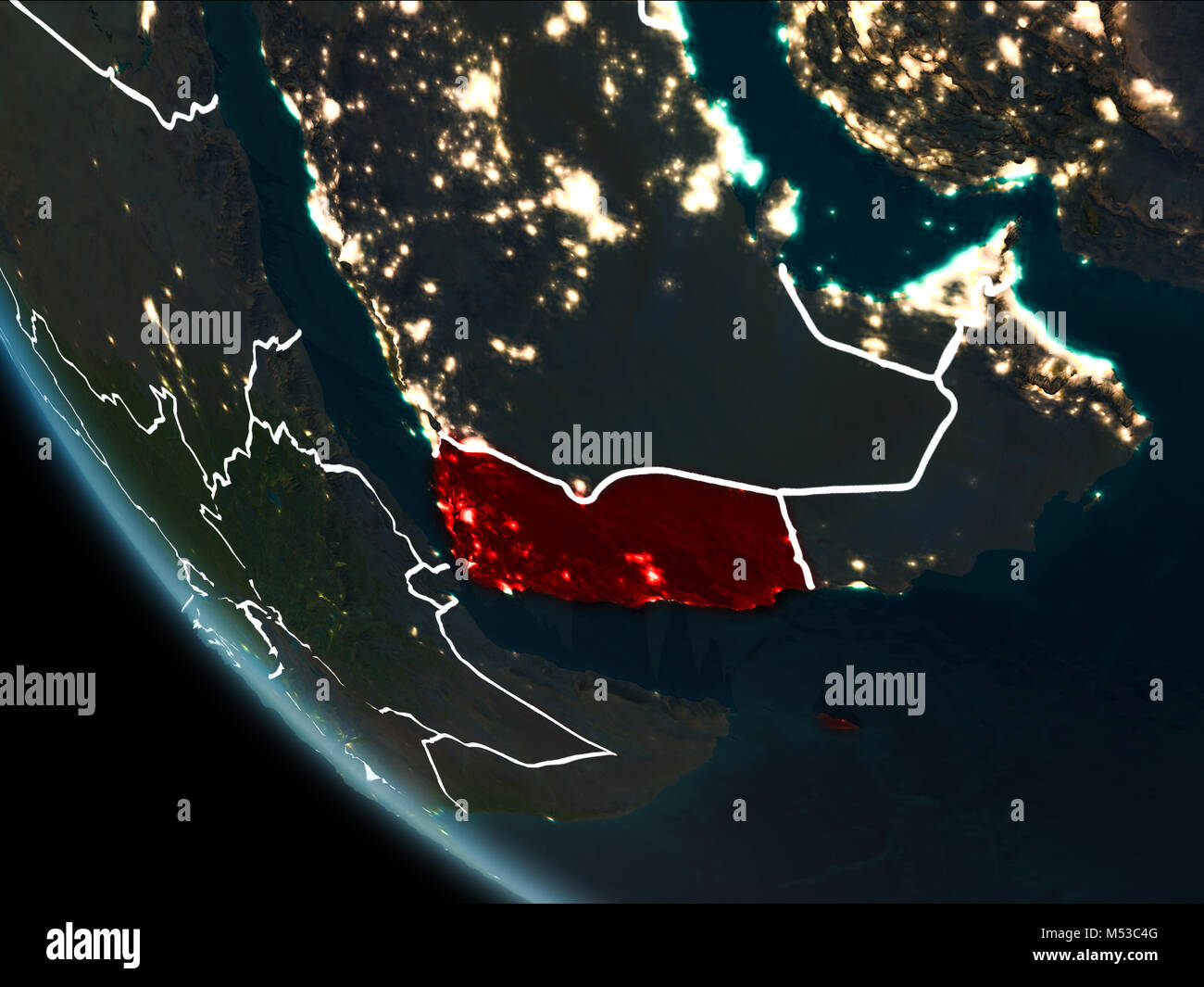 Vista satellitare dello Yemen evidenziata in rosso sul pianeta terra di notte con i confini e le luci della città. 3D'illustrazione. Gli elementi di questa immagine arredati con Foto Stock