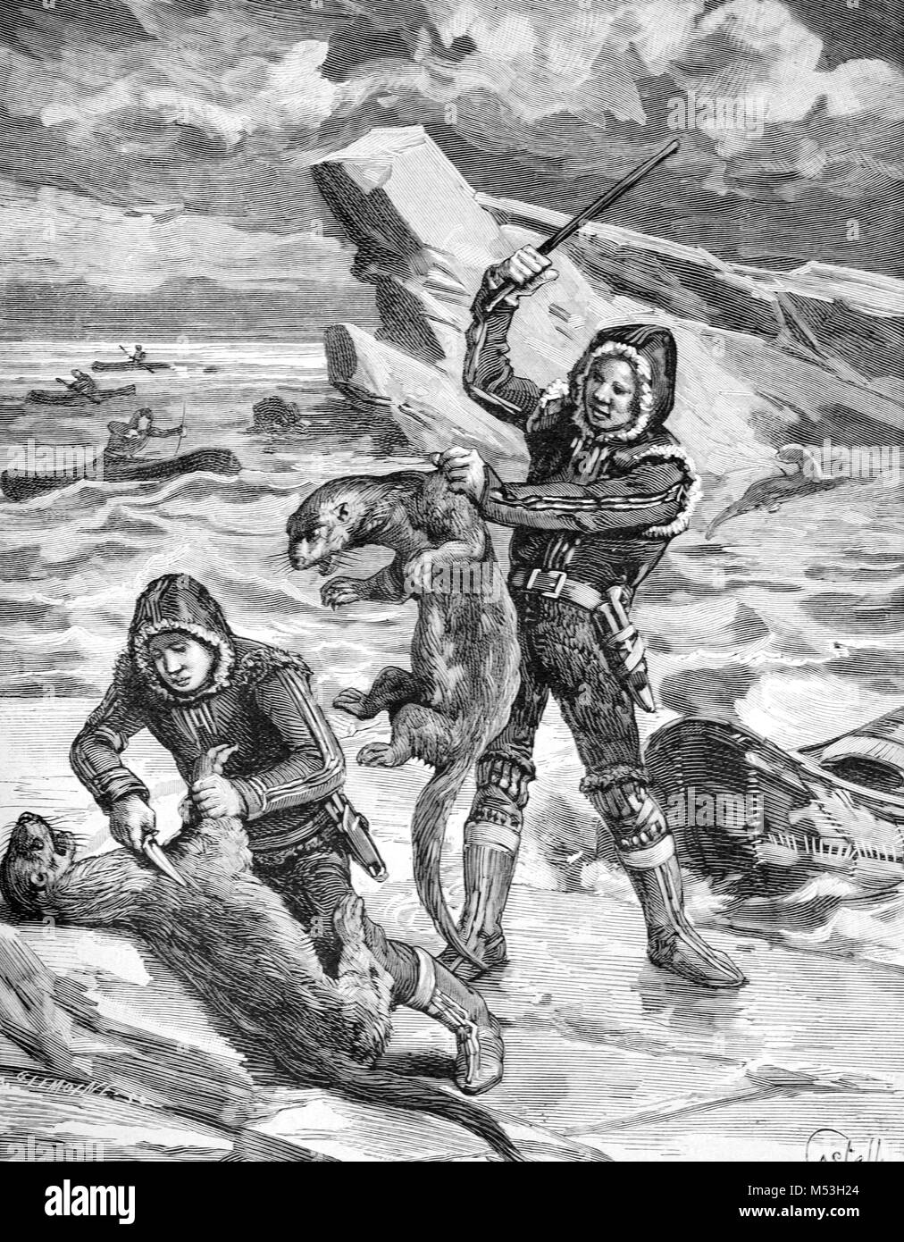 Eschimese o lontra Inuit cacciatori o commercianti di pellicce Alaska USA (incisione, 1880) Foto Stock