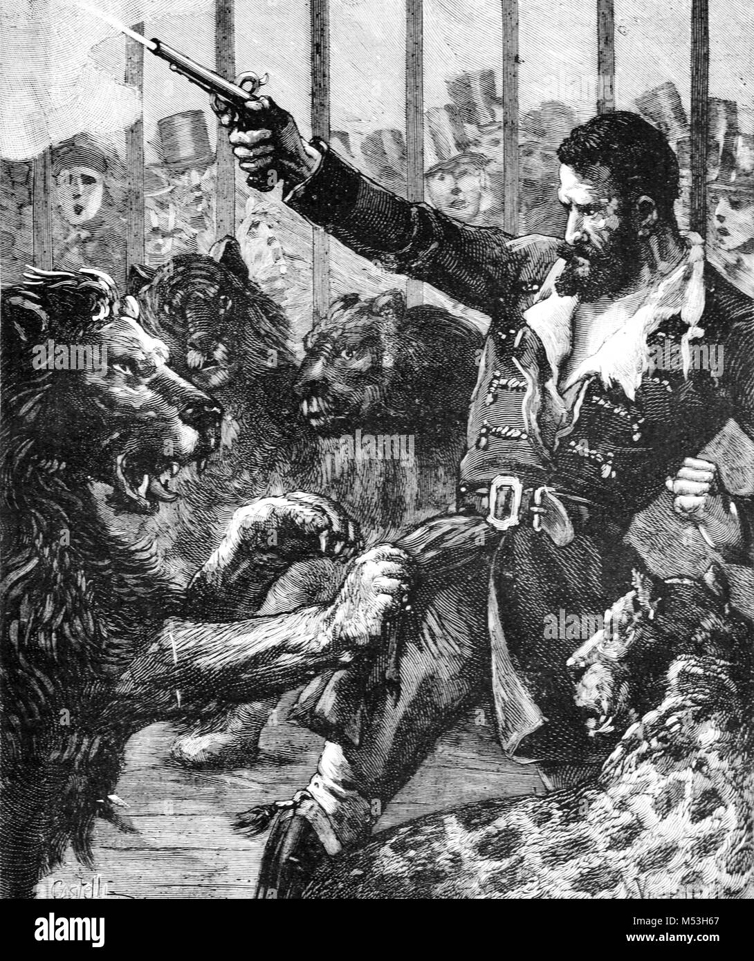 Trainer di Lion o di Lion Tamer John Cooper attaccato da leone nella sua gabbia di circo (incisione, 1888) Foto Stock
