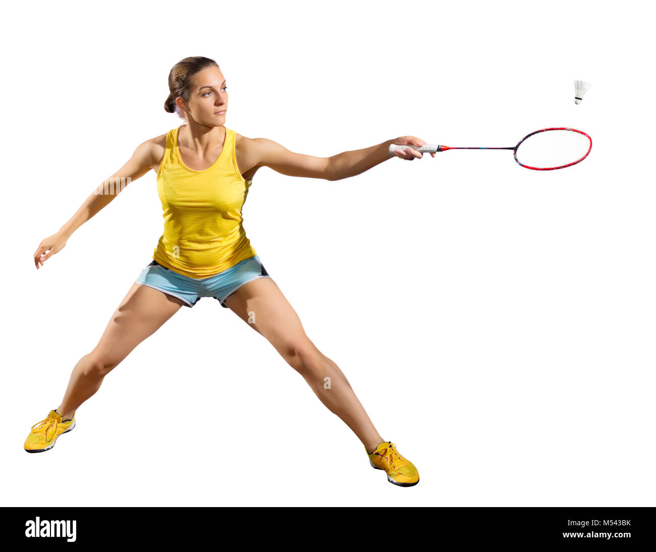 Giovane donna badminton player isolato Foto Stock