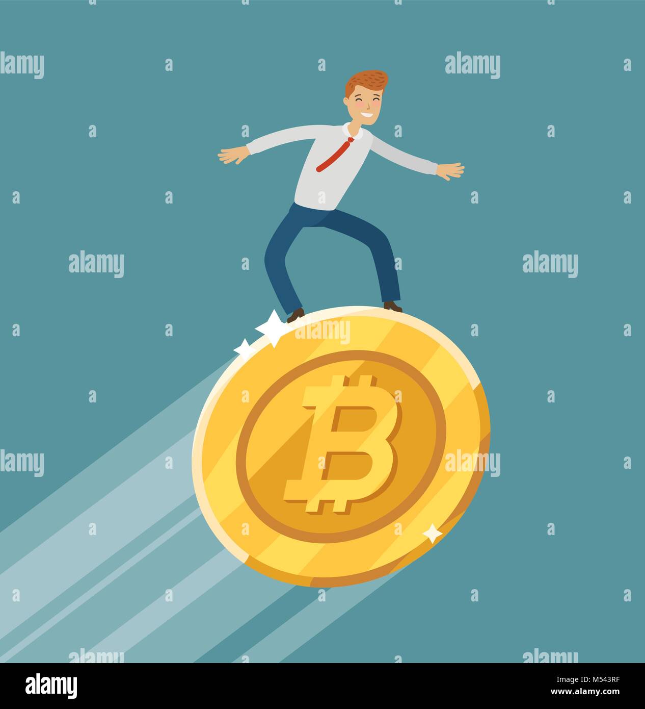 Bitcoin crescendo, la concezione di business. Imprenditore di successo battenti sulla moneta in oro. Appartamento moderno design illustrazione vettoriale Illustrazione Vettoriale