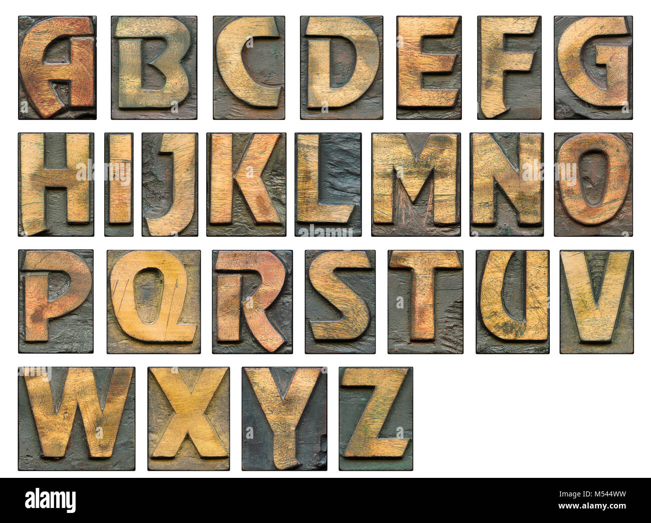 Alfabeto completo vintage in legno set di stampa in rilievo con lettere maiuscole isolato su bianco, dettagliata - ogni lettera ha 1200 pix in altezza Foto Stock