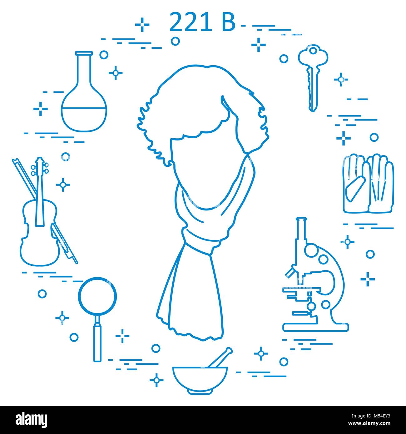 Detective privato Sherlock Holmes con una varietà di strumenti e apparecchiature. L'eroe della popolare serie TV. Design per un annuncio stampa. Illustrazione Vettoriale