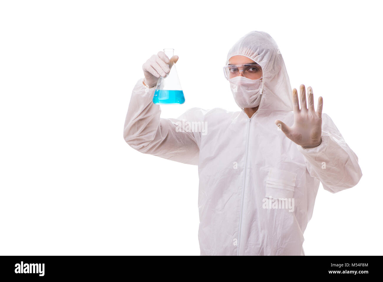 Farmacia lavora con sostanze radioattive isolato su bianco ba Foto Stock