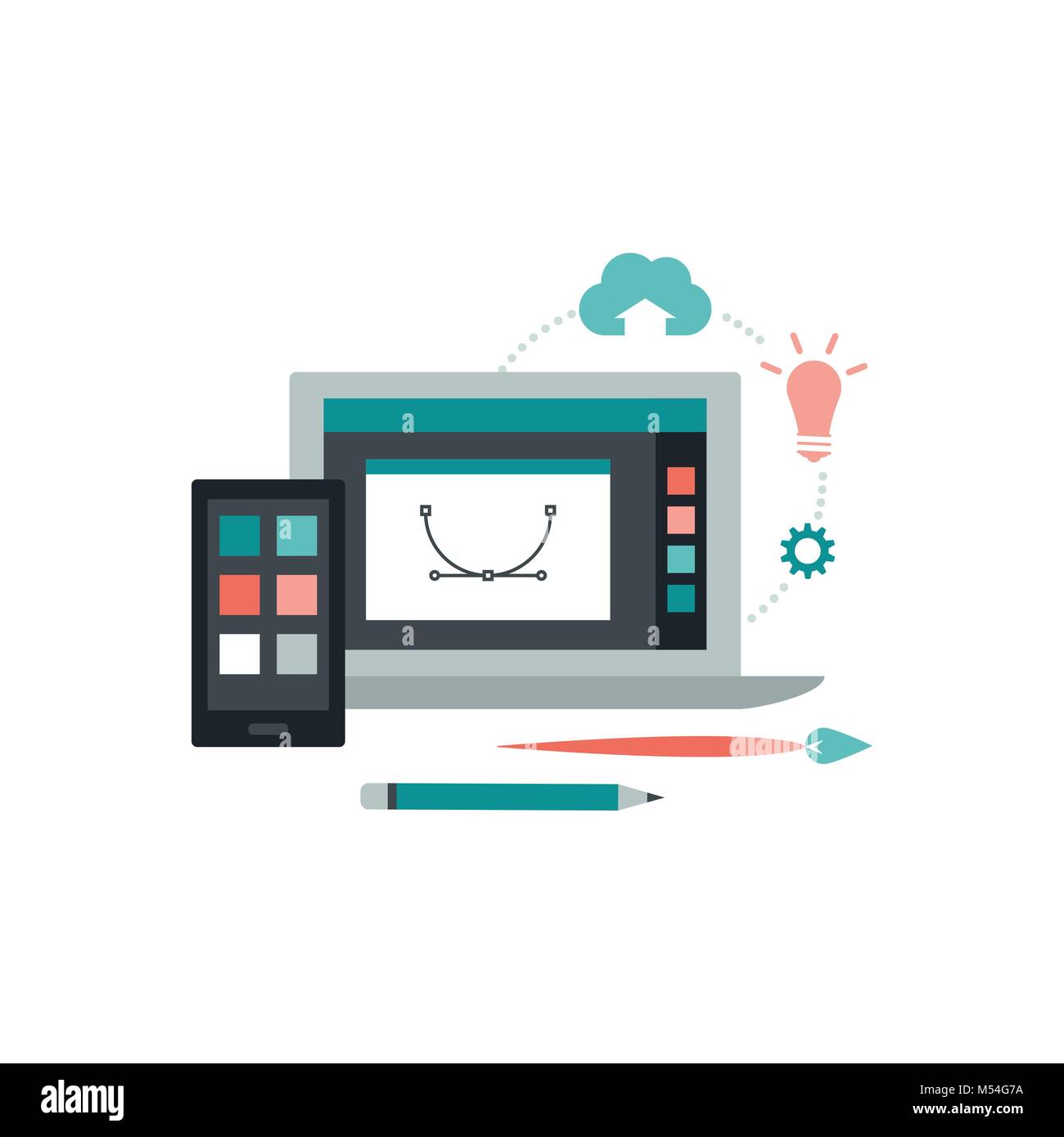 Graphic design e illustrazione: laptop con illustrazione vettoriale software, smartphone e strumenti creativi Illustrazione Vettoriale