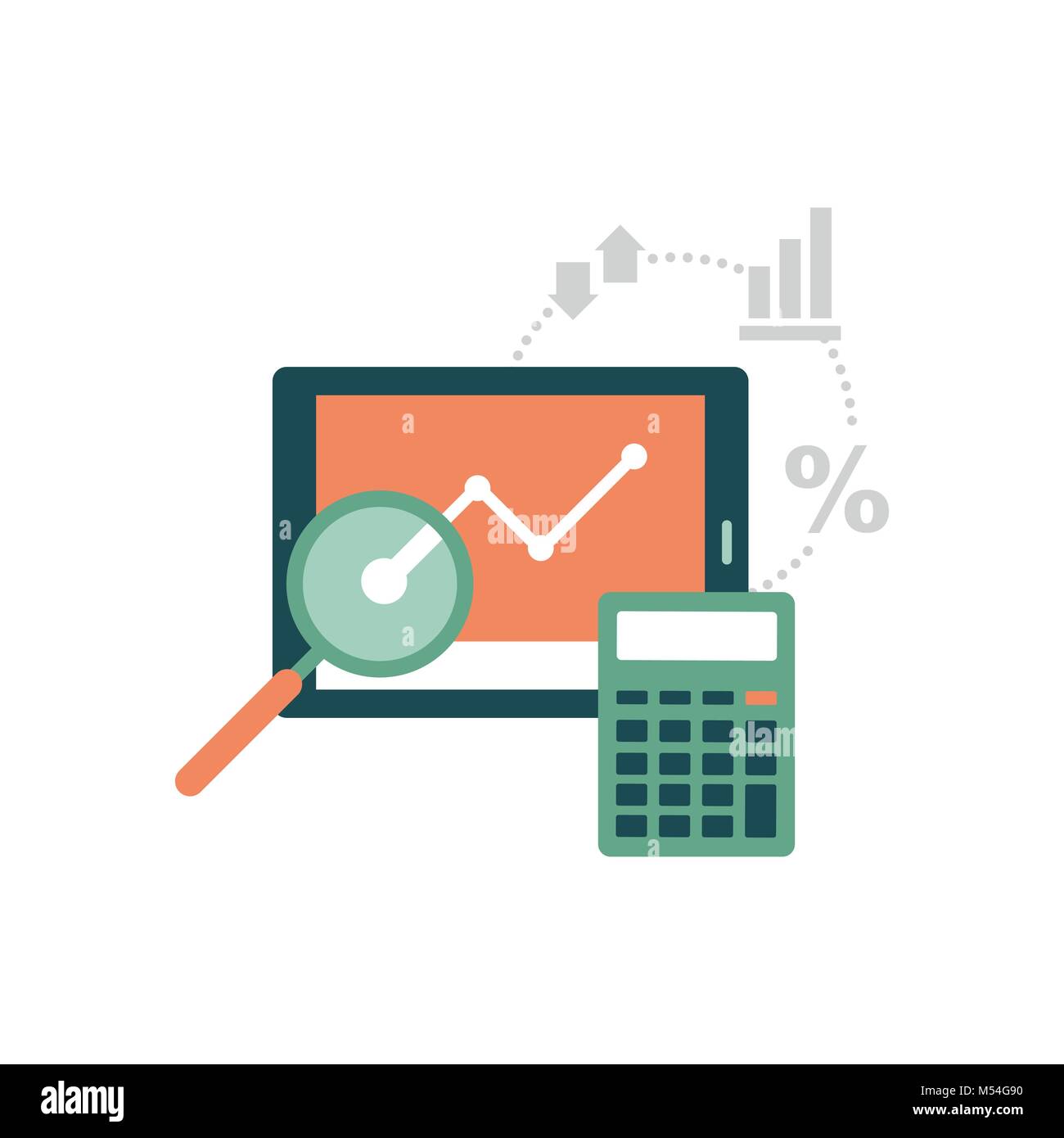 Business app con successo grafico finanziario, calcolatrice e alla lente di ingrandimento Illustrazione Vettoriale