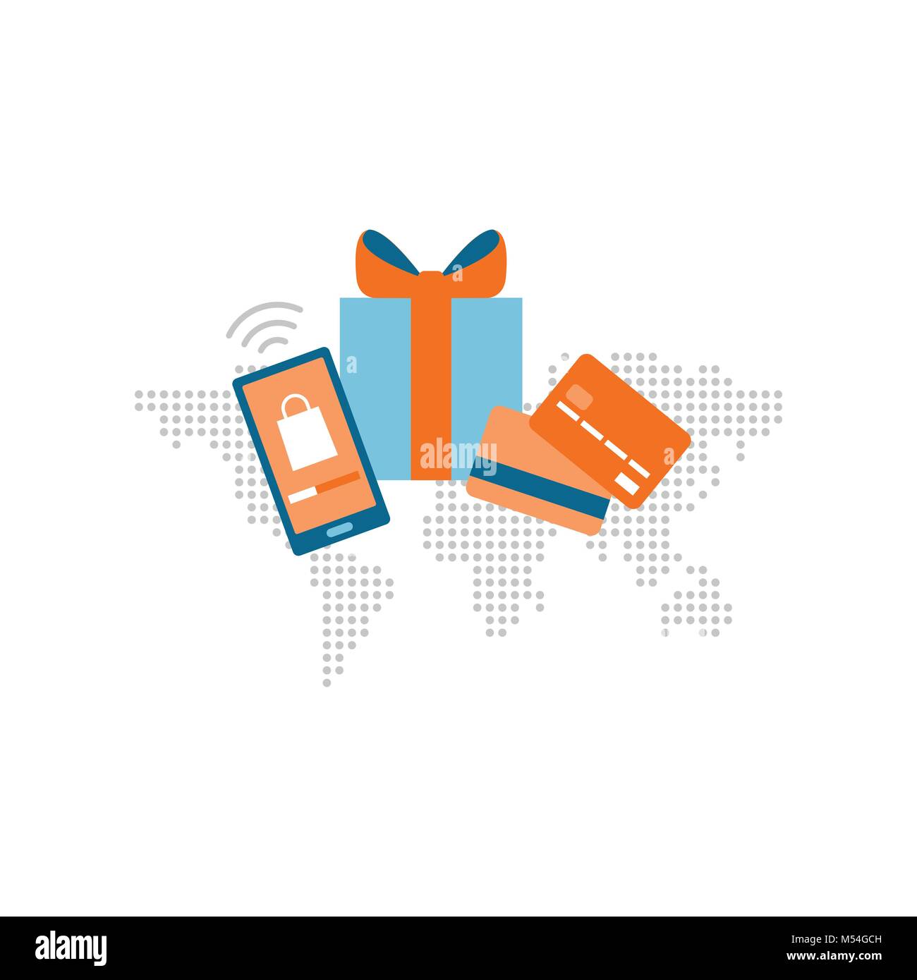 Shopping e consegna internazionale concetto: shopping app, carte di credito e confezione regalo su una mappa del mondo Illustrazione Vettoriale