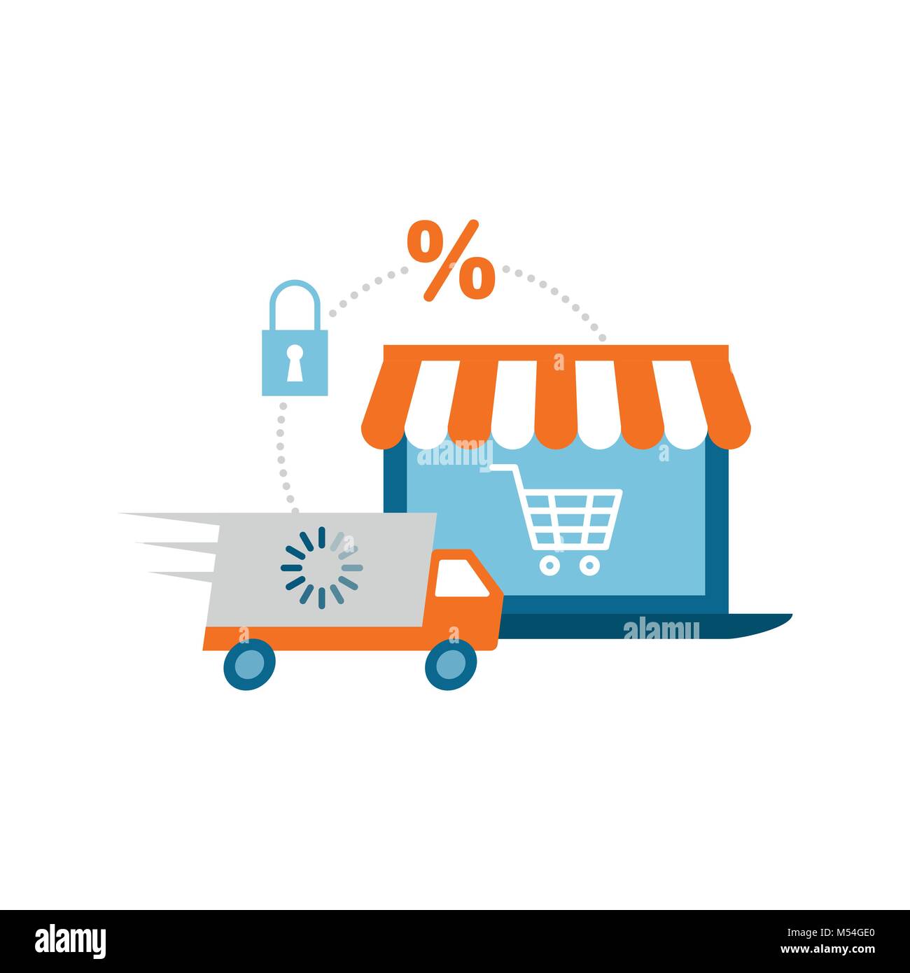Computer portatile con e-shop e carrello: shopping online, la logistica e l'e-commerce concept Illustrazione Vettoriale