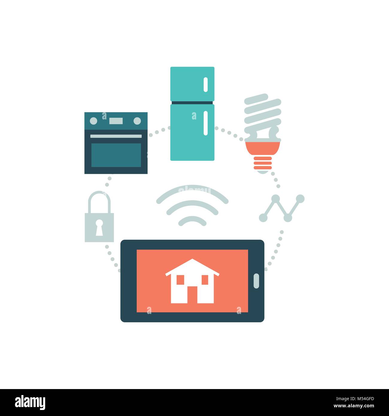 Elettrodomestici di collegamento con uno smartphone app: smart house e internet delle cose Illustrazione Vettoriale