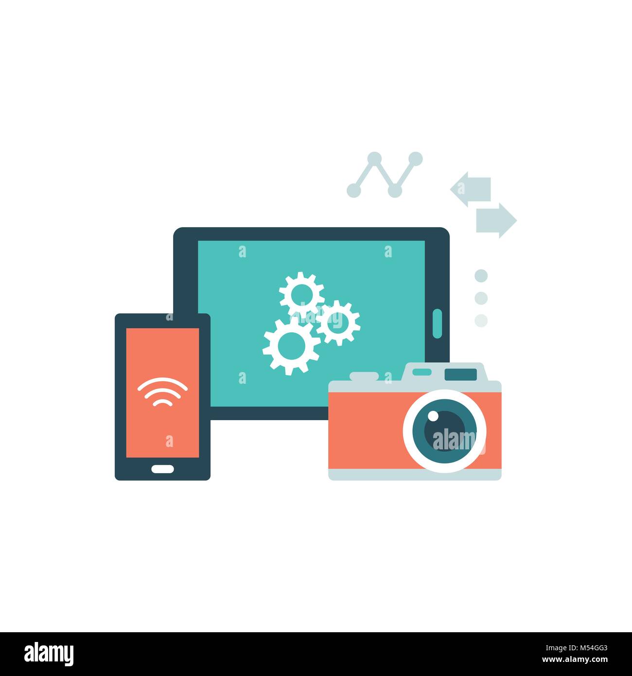 Fotocamera digitale di collegamento con dispositivi portatili e il trasferimento dei dati Illustrazione Vettoriale