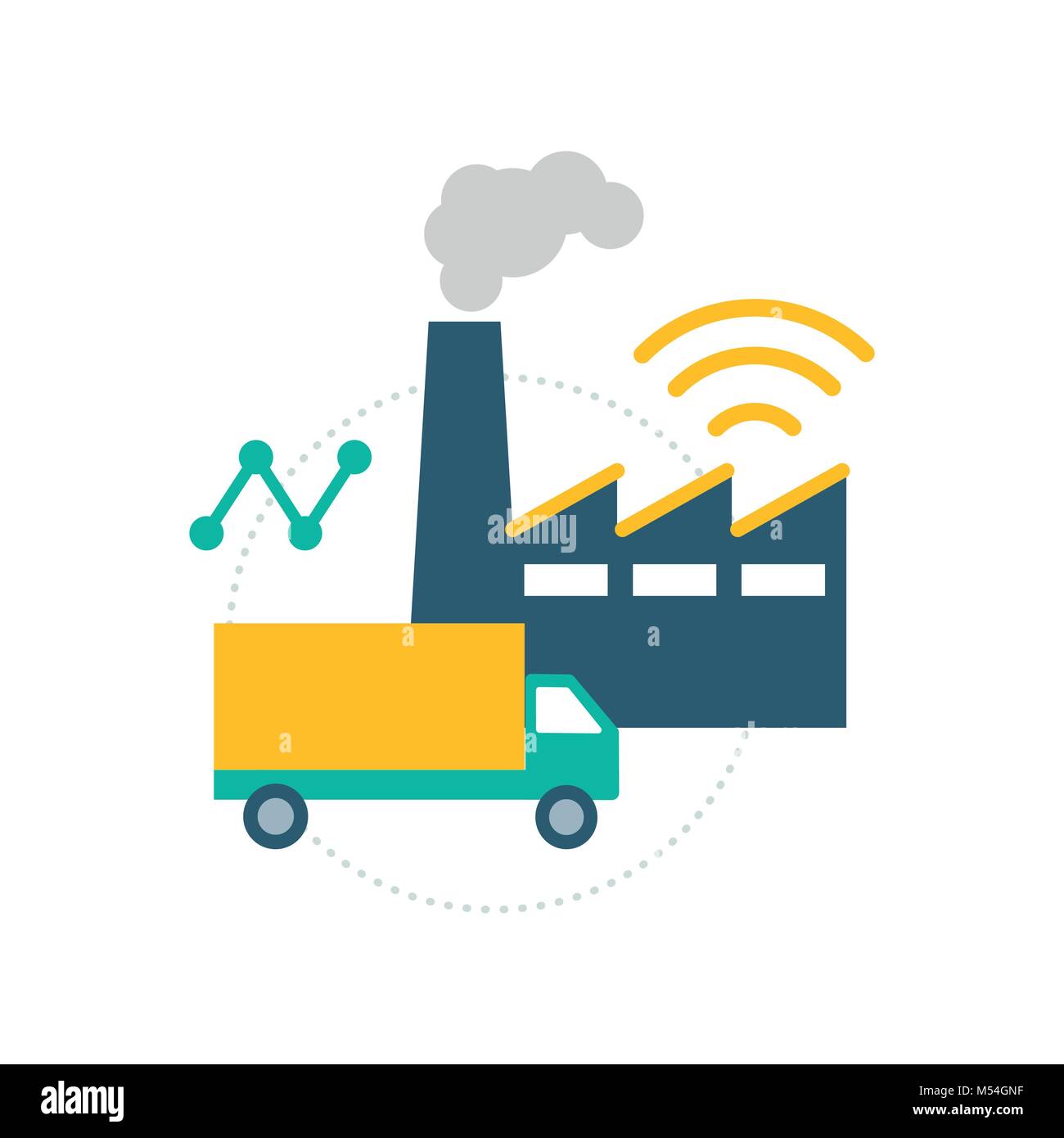 L'industria 4.0 e logistica: fabbrica, carrello e connessione wireless Illustrazione Vettoriale