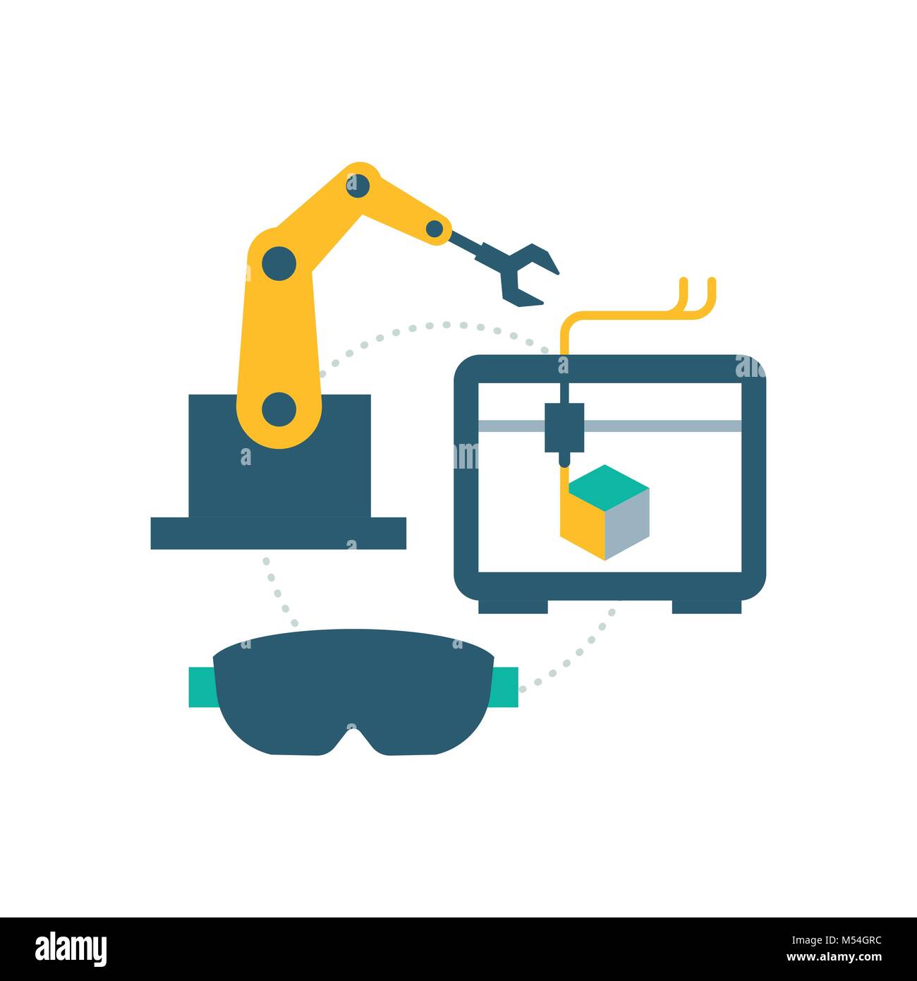 Industria intelligente concetto: il braccio robotico, stampante 3D e occhiali vr Illustrazione Vettoriale