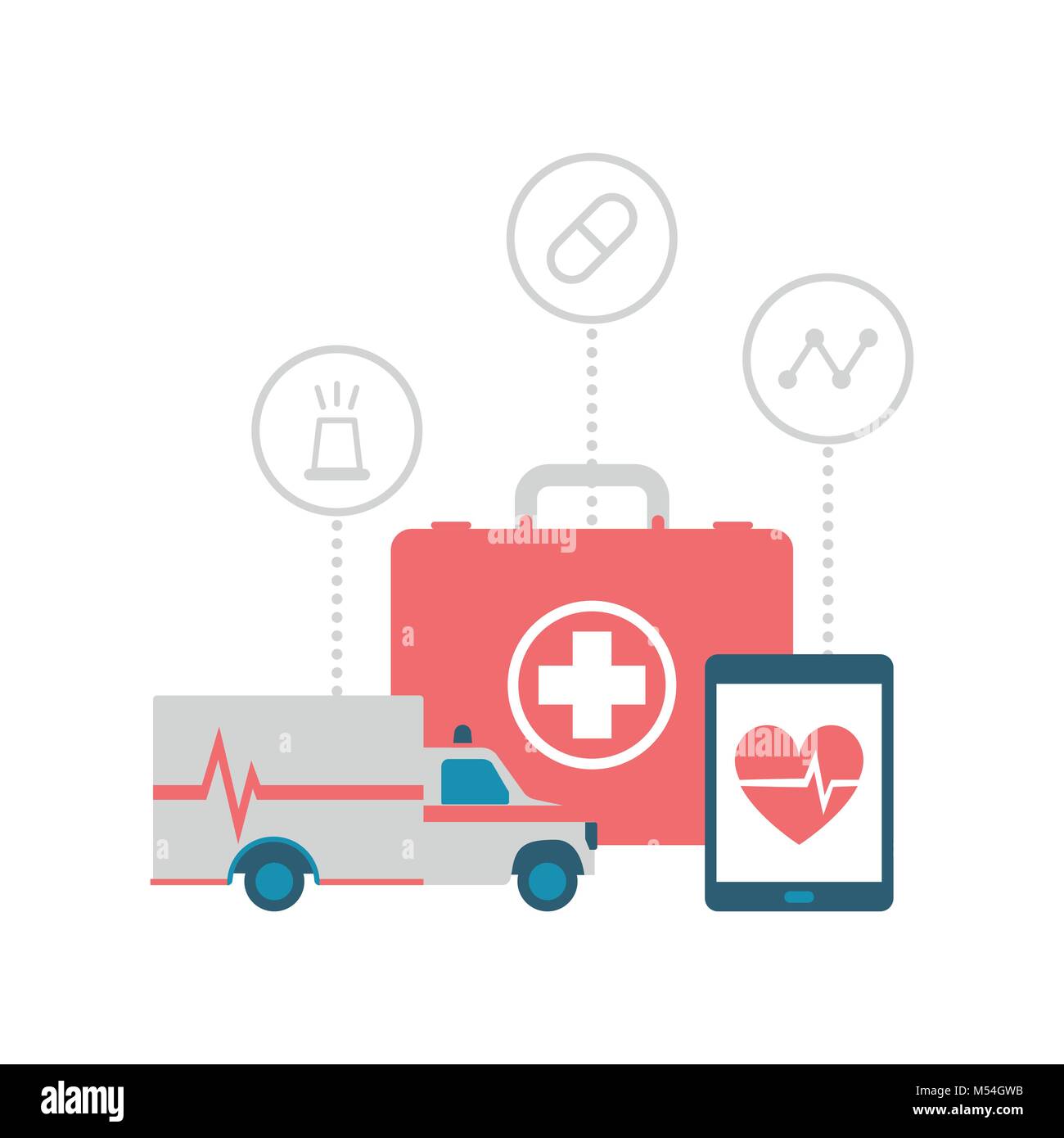 Kit di primo soccorso, ambulanza e tablet con icone mediche: assistenza sanitaria e di emergenza il concetto di servizio Illustrazione Vettoriale