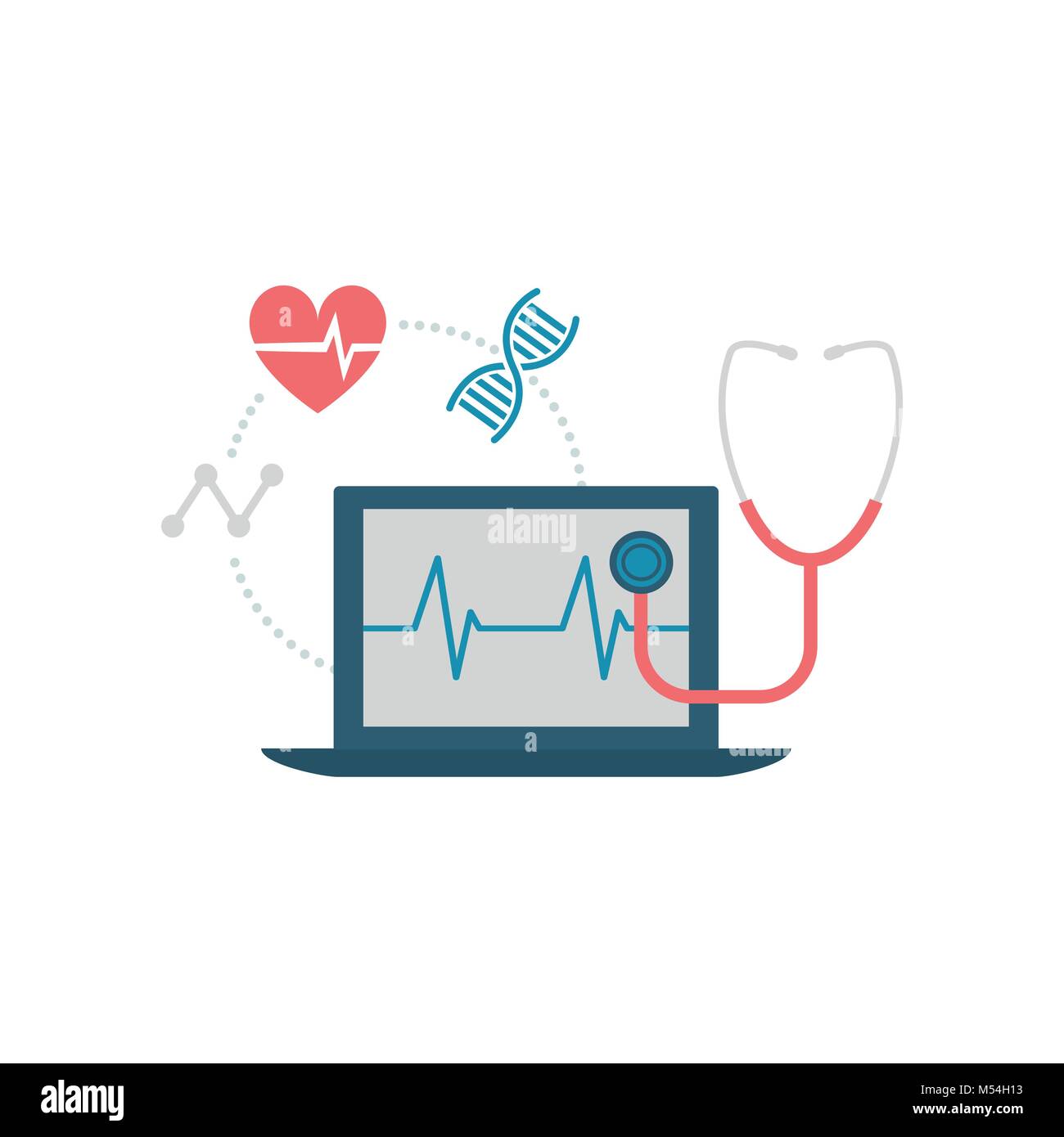 Laptop, uno stetoscopio e icone mediche: online di servizi di assistenza sanitaria Illustrazione Vettoriale