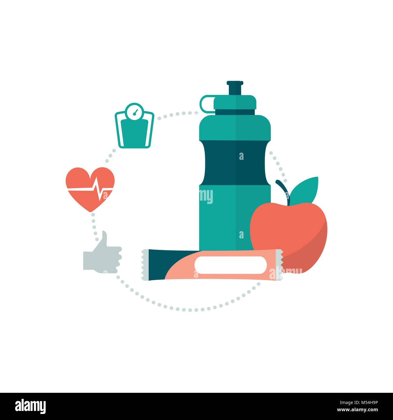 Cibo sano, bottiglia e fitness icone: uno stile di vita sano e concetto di allenamento Illustrazione Vettoriale
