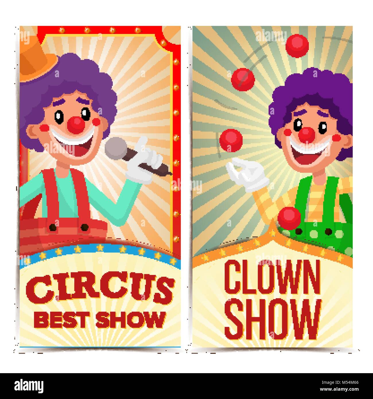 Circus Clown Banner verticale template vettoriale. Fantastico spettacolo modello di poster. Parco dei divertimenti di partito. Festa di carnevale sfondo Illustrazione Vettoriale