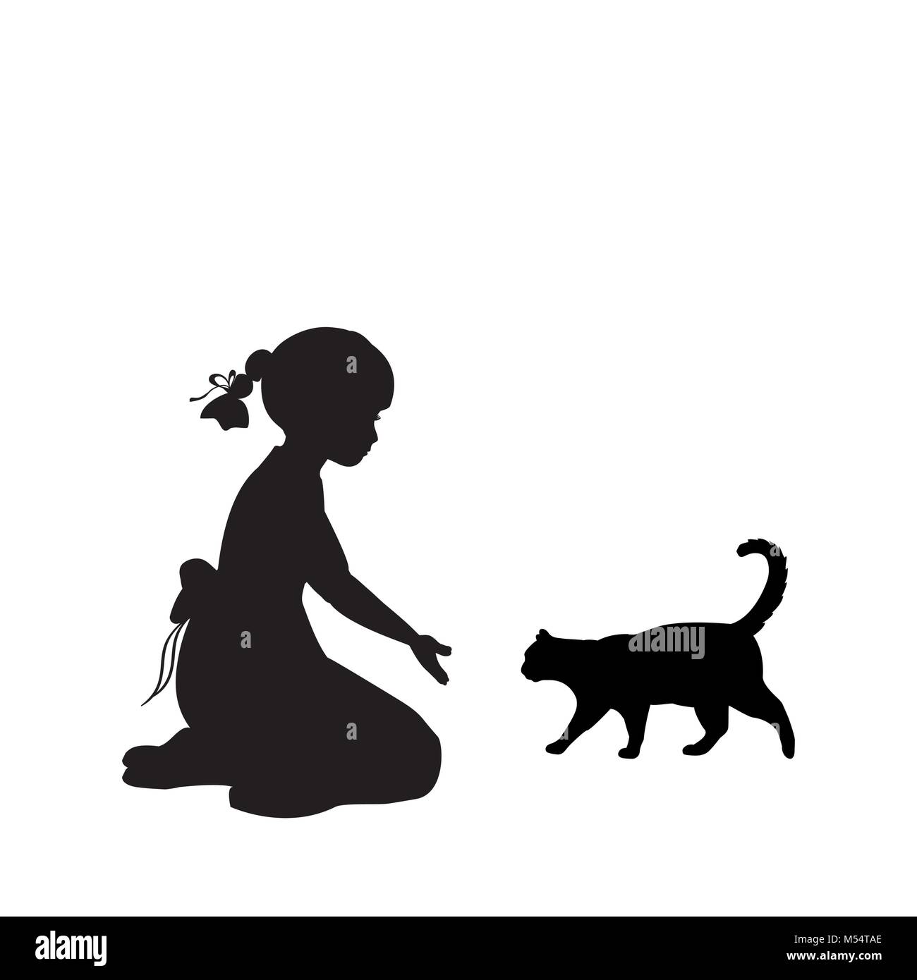 Silhouette ragazza seduta ginocchia fanno capolino cat Illustrazione Vettoriale